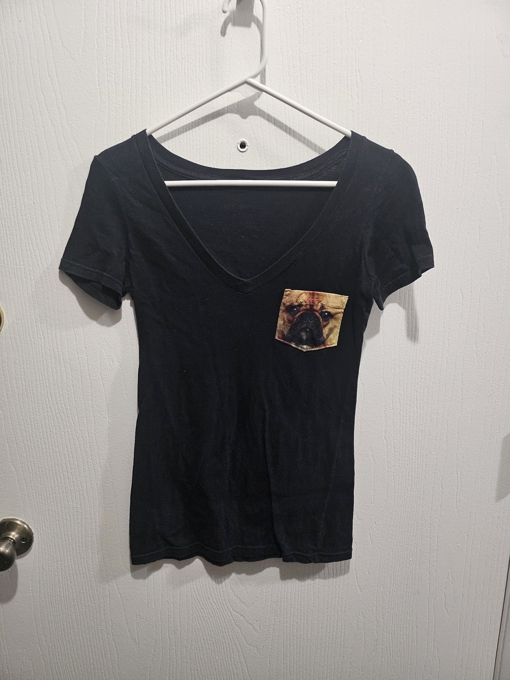 Black V-Neck Tee with Pug Pocket